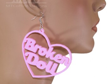 Broken doll Heart Hoop Earrings 3D printed Kawaii Pastel Goth Creepy Cute Harajuku earrings Lightweight Sample Sale Ready To Ship