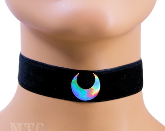 Crescent Moon Witch Wiccan Statement Occult Pagan Holographic Necklace Velvet Adjustable Plus Size Option MTcoffinz