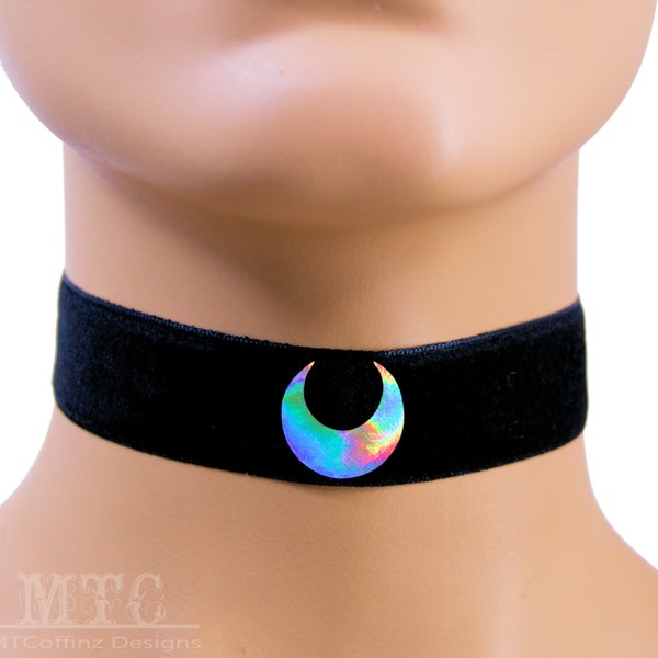 Crescent Moon Witch Wiccan Statement Occult Pagan Holographic Necklace Velvet Adjustable Plus Size Option MTcoffinz