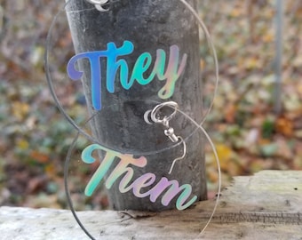 Holographic Color Shifting Rainbow They Them Non Binary Enby Pronouns Clear Disk  earrings Lightweight Free Shipping MTcoffinz