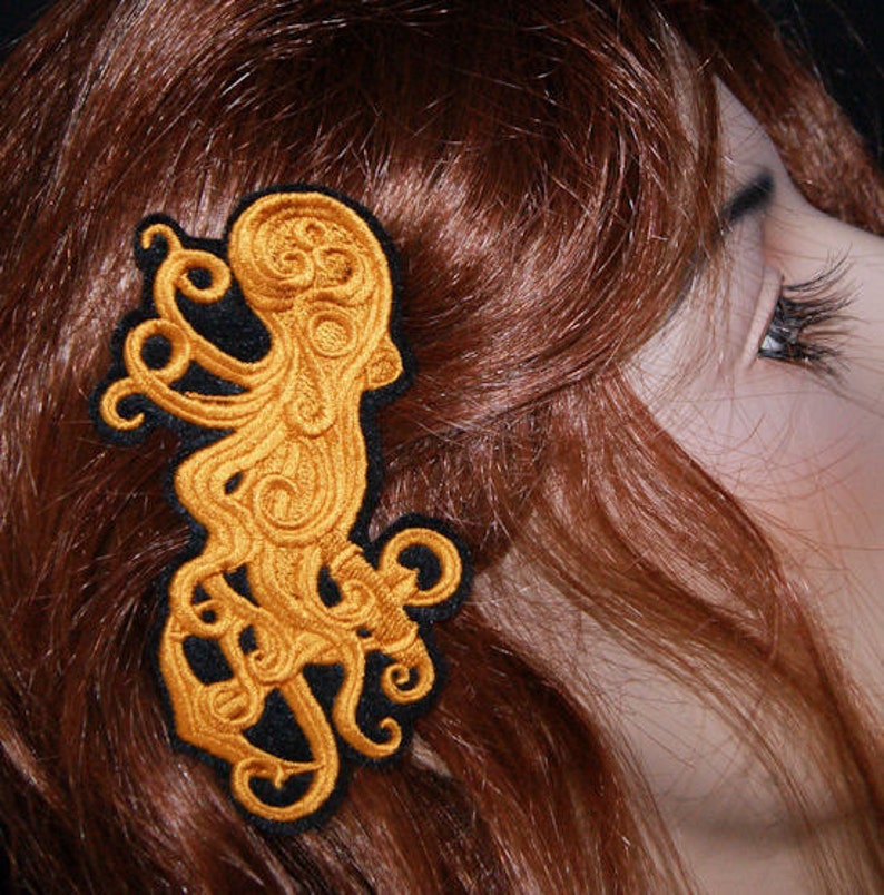 Brass SteamPunk Octopus Tentacles Nautical Anchor Embroidered Hair Clip MTCoffinz image 3