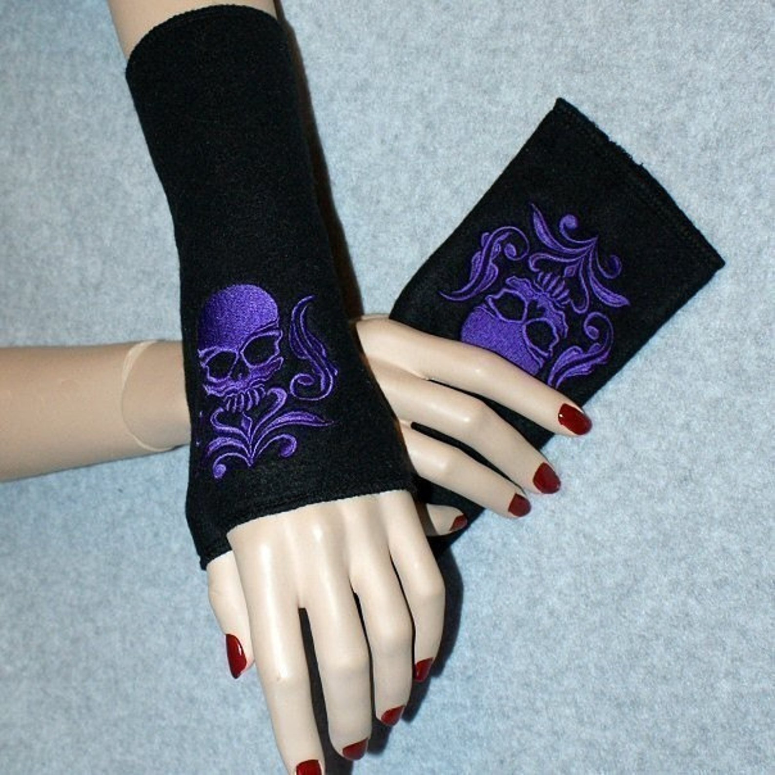 Embroidered Damask Skull Fleece Arm Warmers Black / Purple Etsy