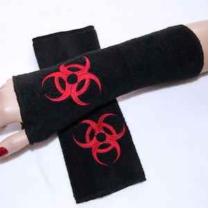 Red Biohazard Embroidered  Soft Fleece Arm Warmers Gloves Fingerless Black MTCoffinz
