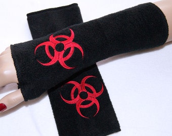 Red Biohazard Embroidered  Soft Fleece Arm Warmers Gloves Fingerless Black MTCoffinz