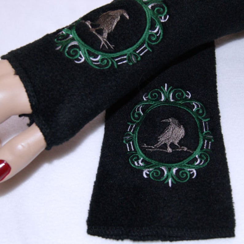 Dark Green Cameo Black Raven Crow Bird Embroidered Fleece Arm Warmers MTCoffinz image 2
