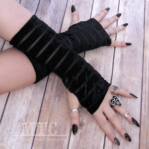 Gothic striped burnout Velvet arm warmers fingerless gloves with thumb holes MTcoffinz  MTC