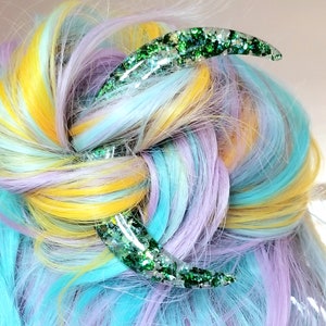 Crescent Moon Green Metal Leaf and Opal Flake Glam Goth Witch Bun Holder Stick Long Hair Accessory  Wiccan Pagan Hair Decoration MTcoffinz
