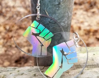 Power Fist Protest Symbol Holographic Color Shifting Rainbow Clear Disk  earrings Lightweight Free Shipping MTcoffinz