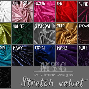 Op de afbeelding: Kleurenkaart van stretch-fluweel in 16 kleuren: wit, lichtroze, fuchsia, rood, wijn, olijf, hunter, antraciet, goud, bruin, turquoise, marine, koninklijk blauw, paars, pruim en zwart.