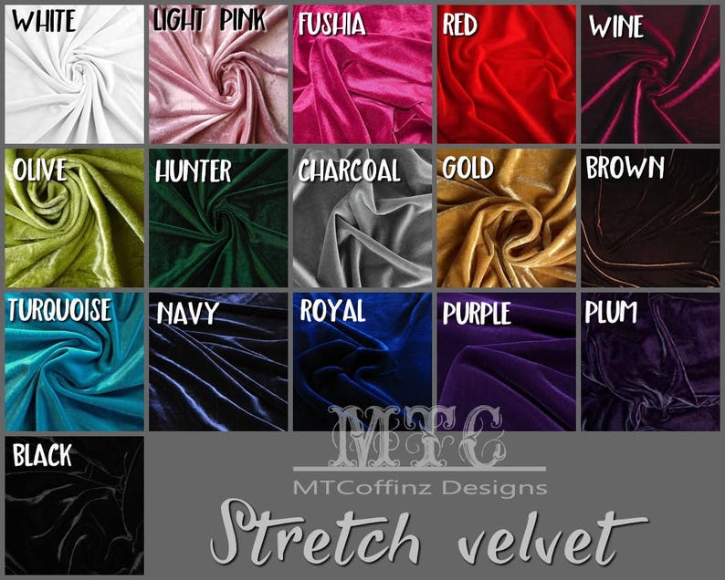 Op de afbeelding: Kleurenkaart van stretch-fluweel in 16 kleuren: wit, lichtroze, fuchsia, rood, wijn, olijf, hunter, antraciet, goud, bruin, turquoise, marine, koninklijk blauw, paars, pruim en zwart.