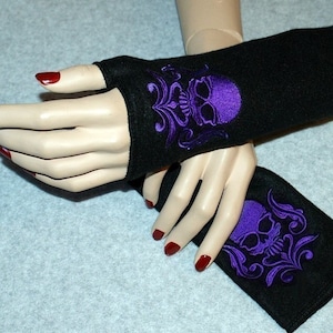 Embroidered Damask Skull Fleece Arm Warmers Black / Purple MTCoffinz