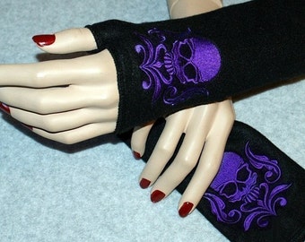 Embroidered Damask Skull Fleece Arm Warmers Black / Purple MTCoffinz