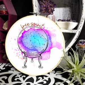 Free Spirit Crystal Ball Reading Fortune Teller Watercolor Hooped Art Printed Canvas Hoop Art Alternative Home Decor Mtcoffinz