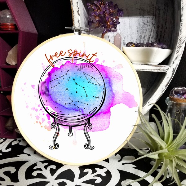 Free Spirit Crystal Ball Reading Fortune Teller Watercolor Hooped Art Printed Canvas Hoop Art Alternative Home Decor Mtcoffinz