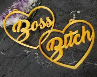 Boss Bitch Hoop Earrings 3D printed Swear Word Feminist Offensive Pastel Goth Pink earrings Lightweight Free Shipping MTcoffinz