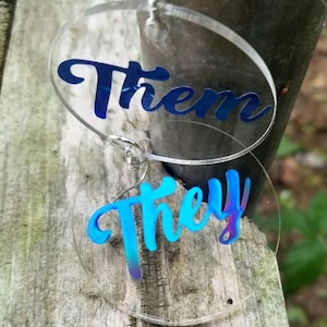 Blue Holographic Color Shifting Rainbow They Them Non Binary Enby Pronouns Clear Disk  earrings Lightweight Free Shipping MTcoffinz
