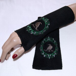 Dark Green Cameo Black Raven Crow Bird Embroidered Fleece Arm Warmers MTCoffinz image 3