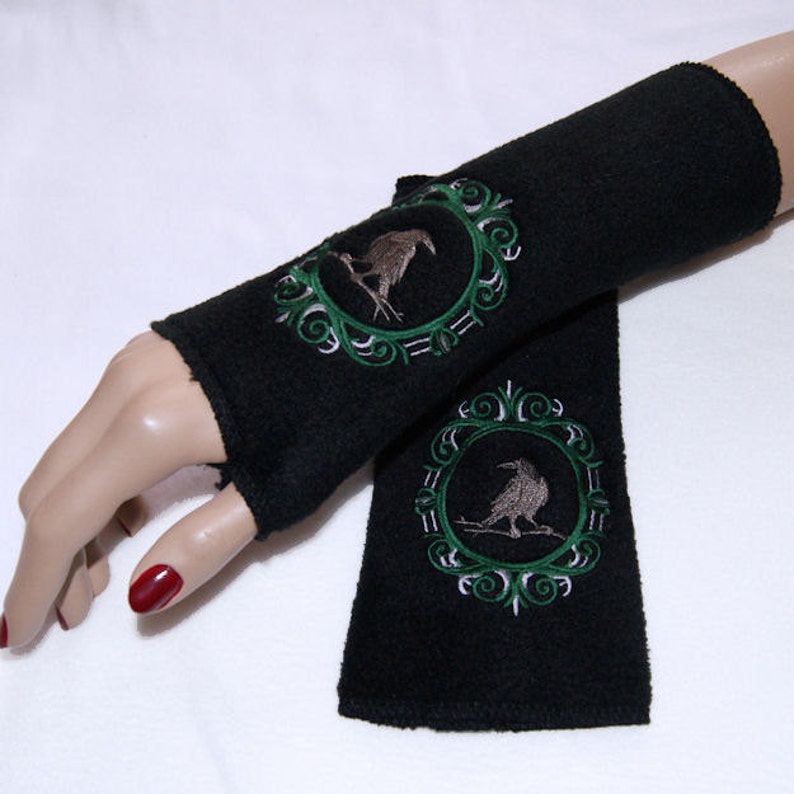 Dark Green Cameo Black Raven Crow Bird Embroidered Fleece Arm Warmers MTCoffinz image 3