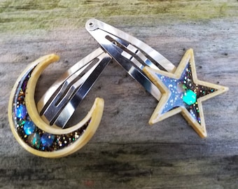 Star Moon Celestial 3D Printed Resin Glitter Snap Clips Hair Clip Set MTCoffinz