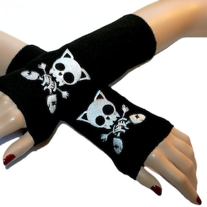 Anime Kitty Skull Crossbones Skull Fleece Black Arm Warmers MTCoffinz crazy cat lady