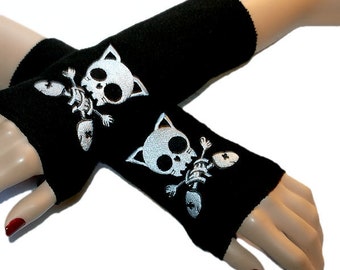 Anime Kitty Skull Crossbones Skull Fleece Black Arm Warmers MTCoffinz crazy cat lady