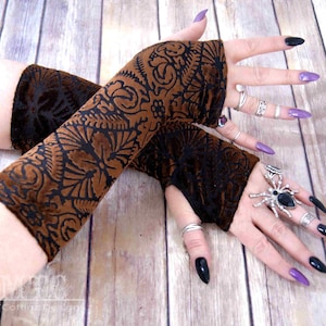 Gothic Floral Damask burnout Velvet arm warmers fingerless gloves with thumb holes MTcoffinz  MTC