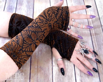 Gothic Floral Damask burnout Velvet arm warmers fingerless gloves with thumb holes MTcoffinz  MTC