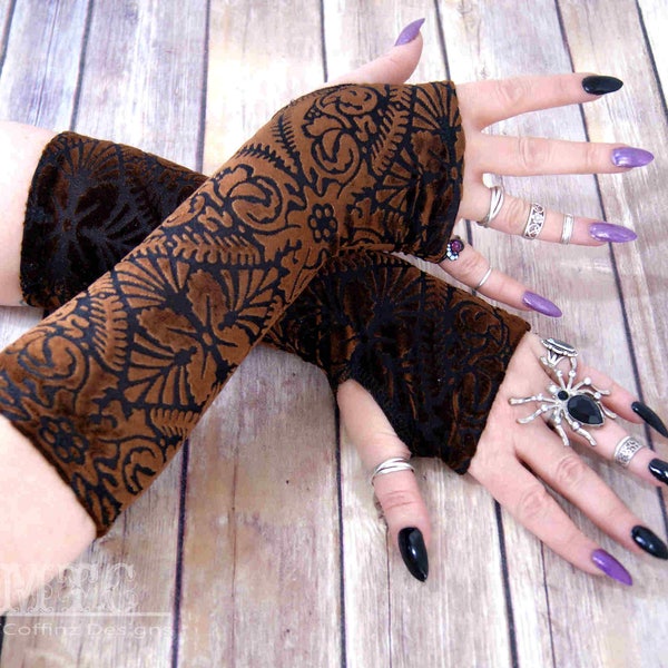 Gothic Floral Damask burnout Velvet arm warmers fingerless gloves with thumb holes MTcoffinz  MTC