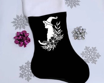 Floral Witch Cat Familiar Witchy Symbol Witch Gothmas  Christmas Pagan Yule Holiday Decoration Stocking, chose your own colors