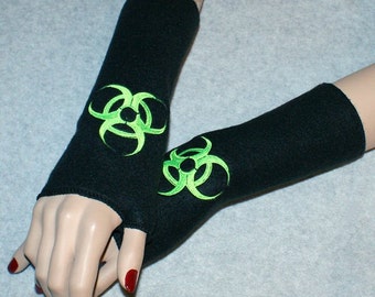 Embroidered Biohazard  Fleece Arm Warmers Black / Neon Green MTCoffinz