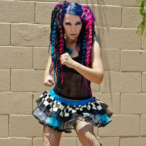 UV Turquoise Blue Checkerboard Roller Derby Gogo Mini Tutu Adult