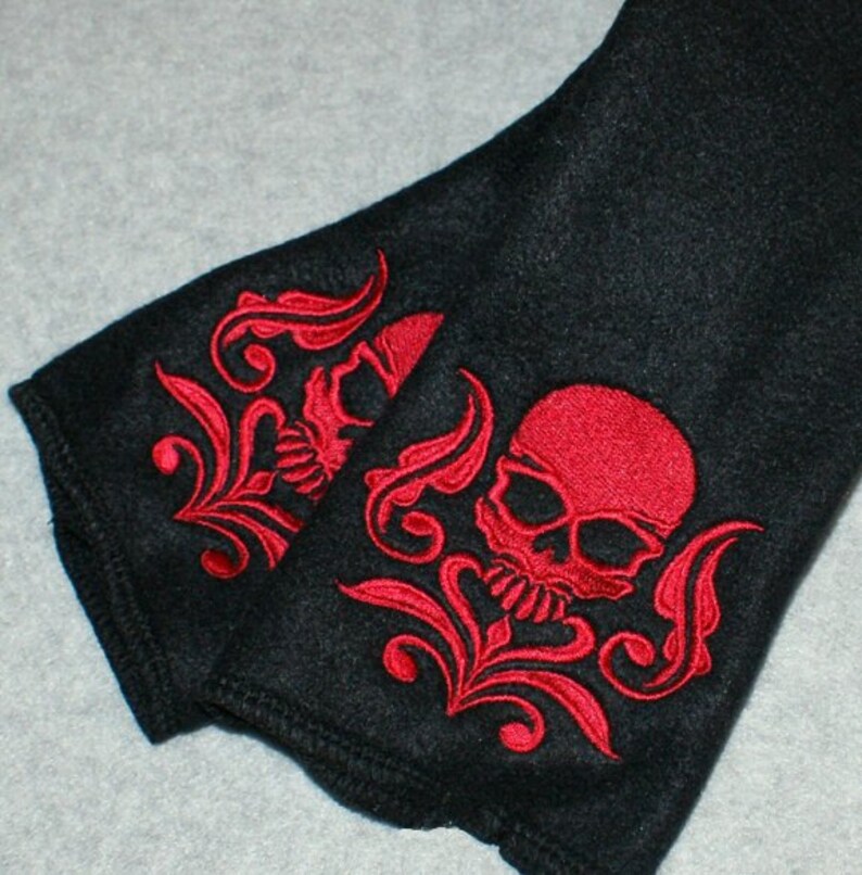 Embroidered Damask Skull Soft Fleece Arm Warmers Fingerless Etsy