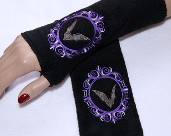 Purple Silver Cameo Vampire Bat Curio Gothic Embroidered Fleece Arm Warmers MTCoffinz