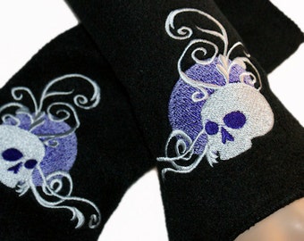 Embroidered Purple Moon Skull Fleece Arm Warmers Black MTCoffinz