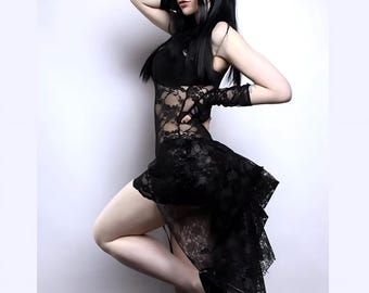 Short Black  Noir Lace Mid Length Bustle Wrap Lingerie Boudoir Rave MTCoffinz - All Adult Sizes