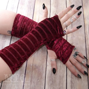 Gothic striped burnout Velvet arm warmers fingerless gloves with thumb holes MTcoffinz  MTC
