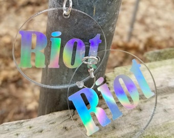 Riot Symbolic Resist Fight for rights Holographic Color Shifting Rainbow Clear Disk  earrings Lightweight Free Shipping MTcoffinz