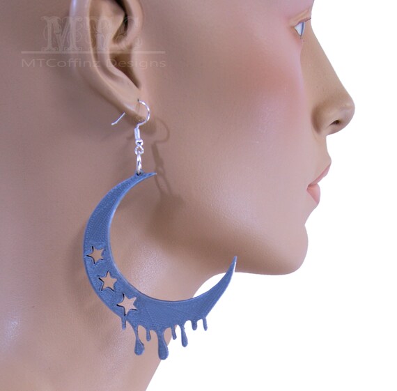 Crescent Melting Moon With Stars Earrings 3D Printed Goth