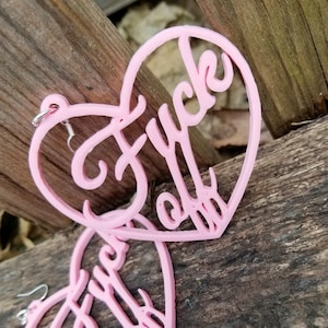 F*ck Off F  Word Heart Hoop Earrings 3D printed Swear Word Offensive Rude Goth Curse earrings Lightweight Free Shipping MTcoffinz Mature