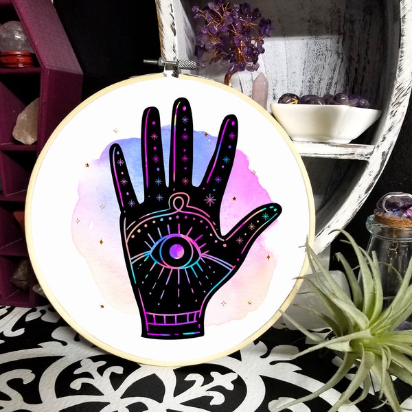 All Seeing Eye Fortune Teller Palmistry  Watercolor  Palm Reading  Hooped Art Printed Canvas Hoop Art Alternative Home Decor Mtcoffinz