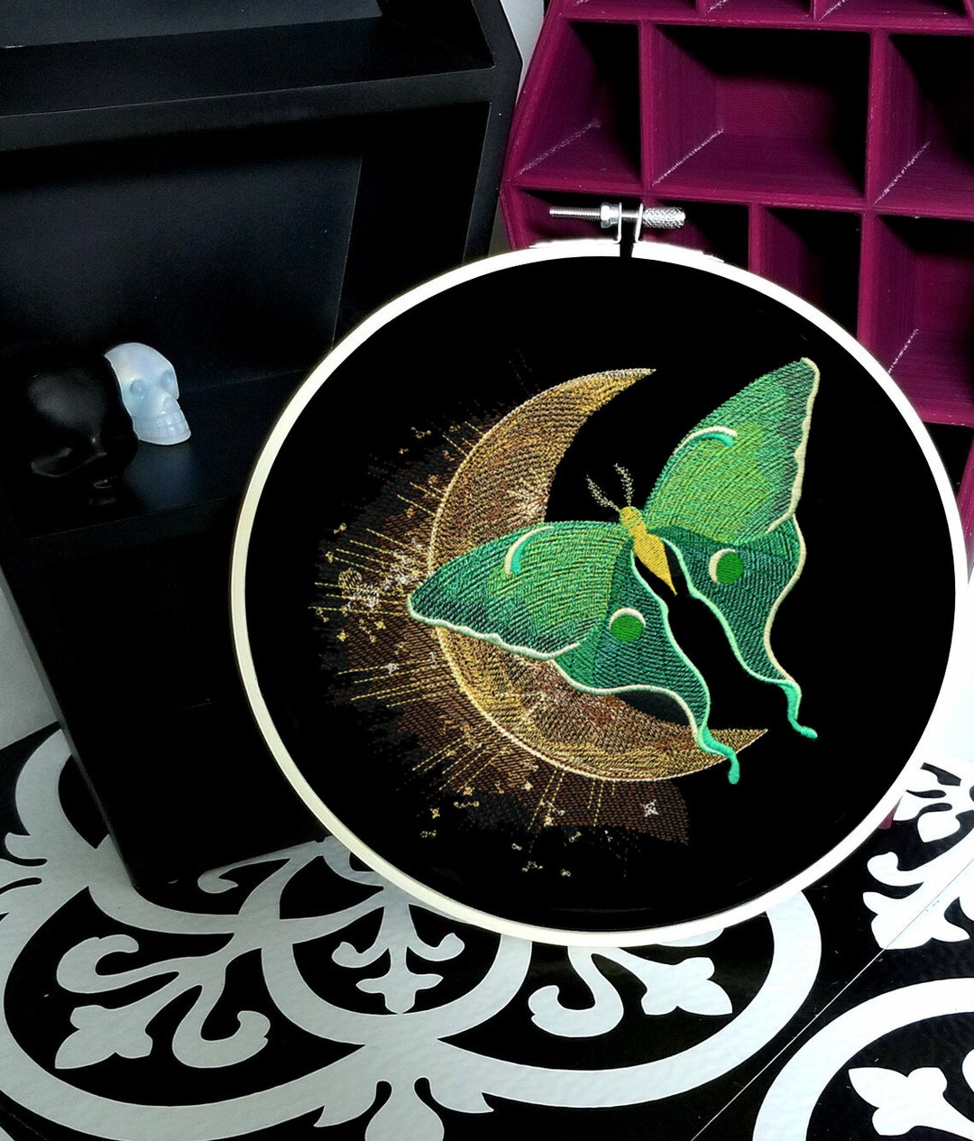 Luna Moth on the Moon Starry Night Celestial 8 Inch Embroidery Hoop Art ...