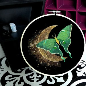 Luna Moth on the Moon Starry Night Celestial 8 inch Embroidery Hoop Art gothic Alternative Home  Witch Gothic Mtcoffinz