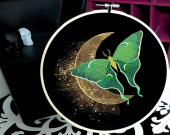 Luna Moth on the Moon Starry Night Celestial 8 inch Embroidery Hoop Art gothic Alternative Home  Witch Gothic Mtcoffinz