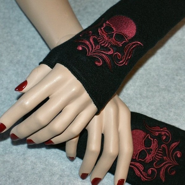 Black and Wine Fingerless Gloves Gothic Damask Skull Embroidered Skull Warmers Black / Burgundy fingerless gloves teen fashion
