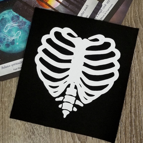 Sew on patch heart ribcage bones witchy vibes raw fraying frayed edge  denim vintage punk style