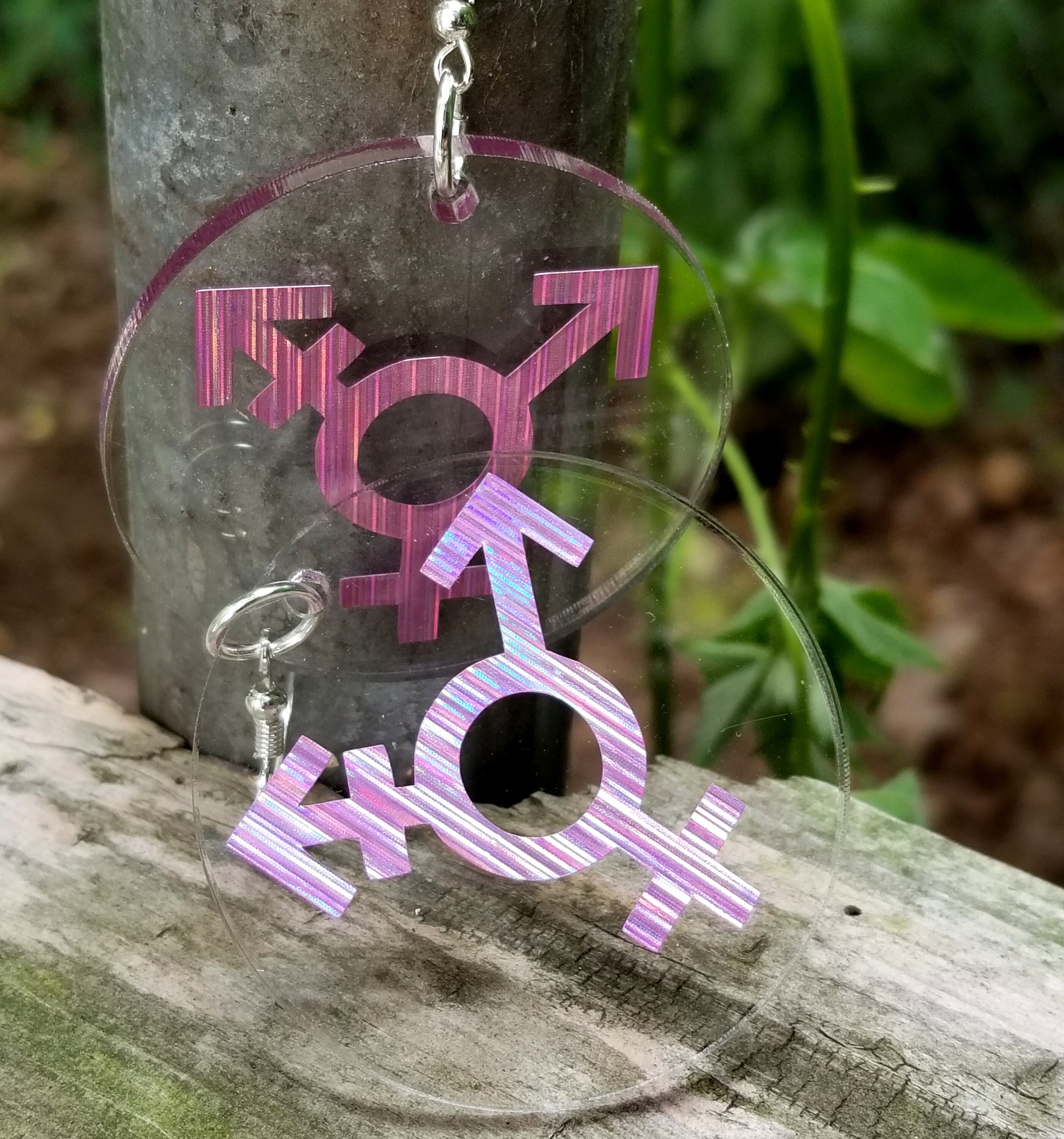 Holographic Color Shifting Pink Rainbow Transgender Symbol Trans LGBTQ identity Clear Disk  earrings Lightweight Free Shipping MTcoffinz