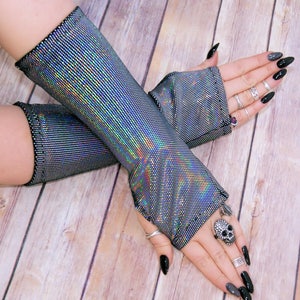Gothic holographic holo stretch  Velvet arm warmers fingerless gloves with thumb holes MTcoffinz  MTC