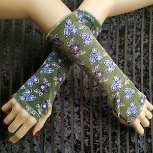 Deaths Head Moth Moths and Skulls Gobincore Witchy plush stretch Velvet arm warmers fingerless gloves MTC