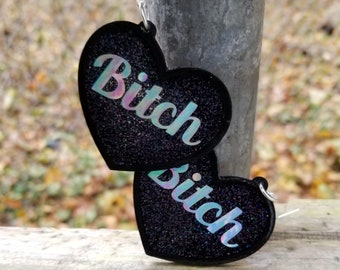 Bitch Heart Hoop Earrings 3D printed Swear Word Feminist Offensive Goth Glitter earrings Lightweight Free Shipping MTcoffinz