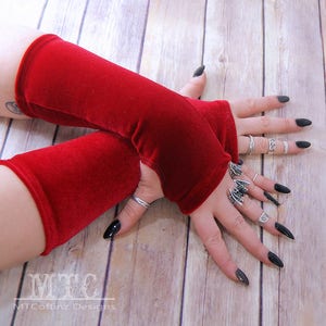Gothic plush stretch Velvet arm warmers fingerless gloves with thumb holes MTcoffinz  MTC